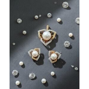 Golden Time Triangle Earrings & Pendant with Pearl and Cubic Zirconia.